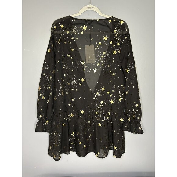 Haoduoyi Mini Dress Womens XL Gold Star Moon Sheer Chiffon Long Sleeve Tunic Top - Picture 8 of 13